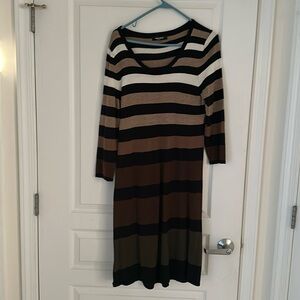 Sweater Dress Midi (Nine West) with Black, Brown, Beige, Green & White Stripes